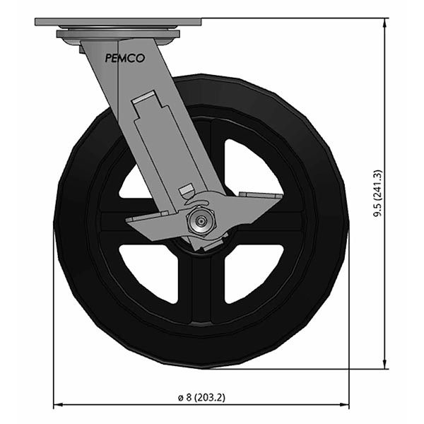 Side view drawing of caster with dimensions